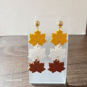 Autumn Leaf Dangle Earrings Yellow White Brown Fall Inspired Handmade NEW